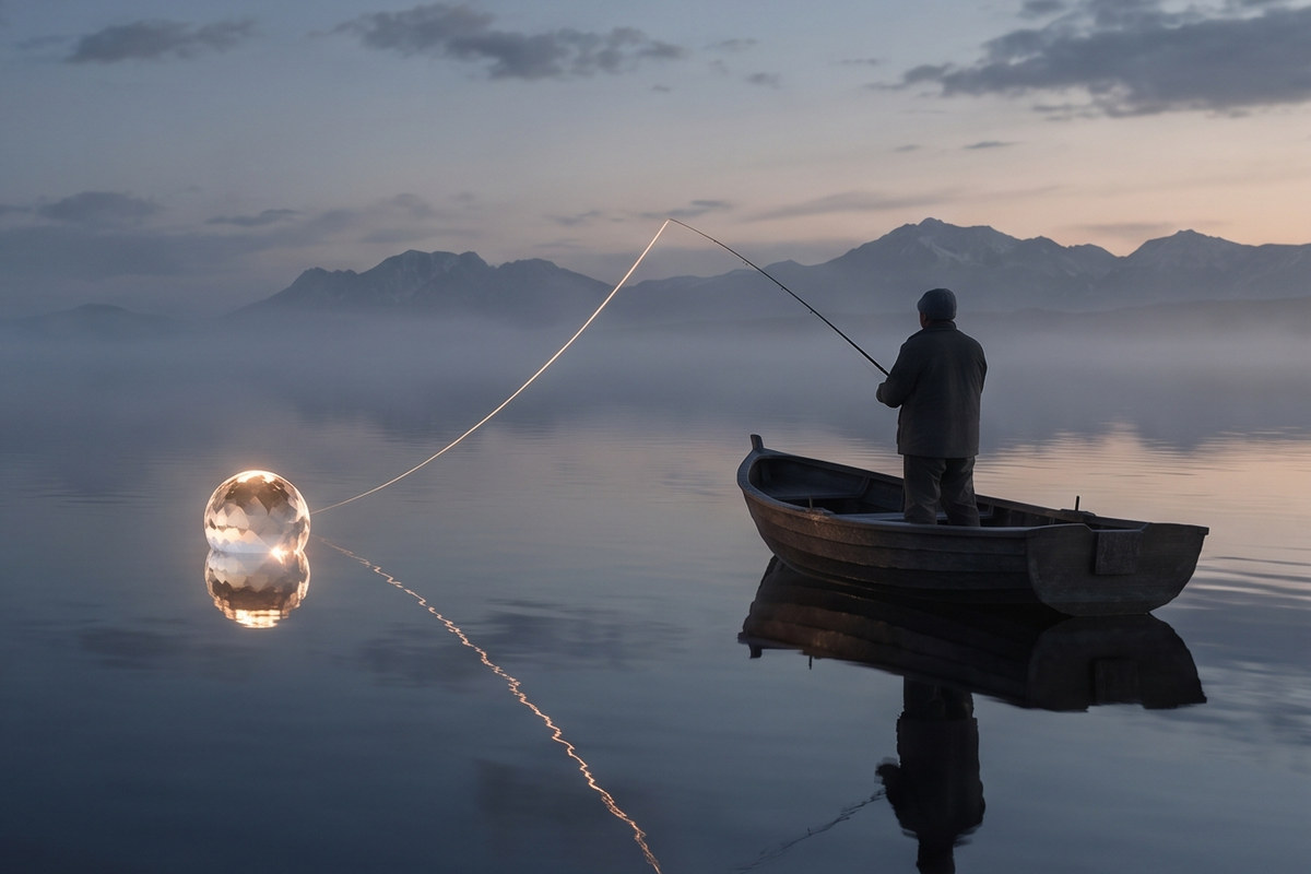 Um pescador, de pé num barco ao entardecer, puxa da água uma esfera de luz presa na linha.